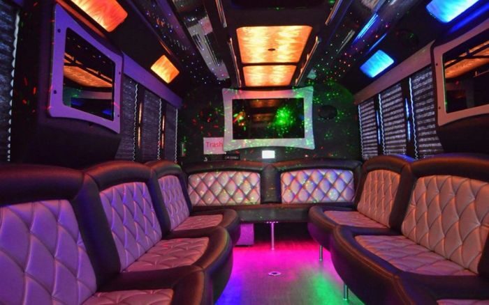 Party bus lounge with LED ceiling – Castle Rock limo service